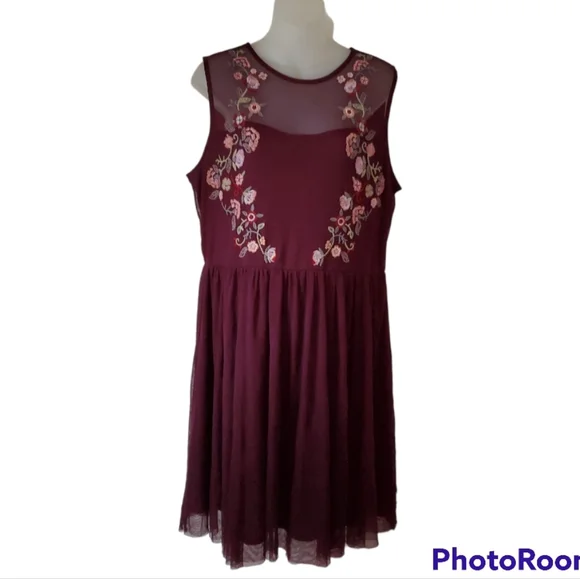 Xhilaration | Dresses | Xhilaration Sleeveless Cranberry Purple Party Dress  Embroidered Flowers Layered | Poshmark